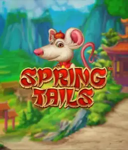 A whimsical illustration of a white rat wearing a red traditional Chinese outfit positioned in front of a picturesque mountain backdrop. The image is for the Spring Tails game by Betsoft, showcased with bold gold and red logo lettering.